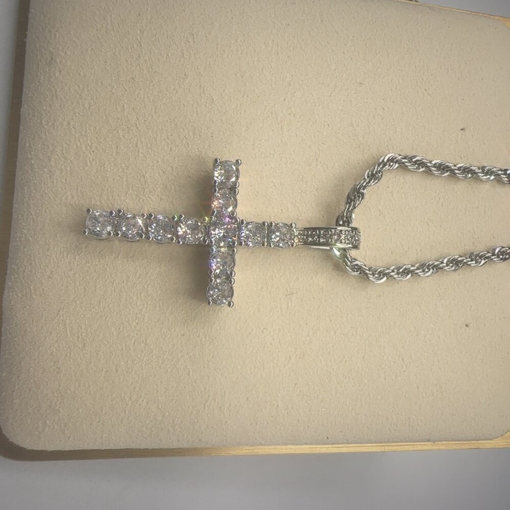 Cubic Zirconia Cross Pendant Necklace Stainless Steel Silver - Picture 6 of 7
